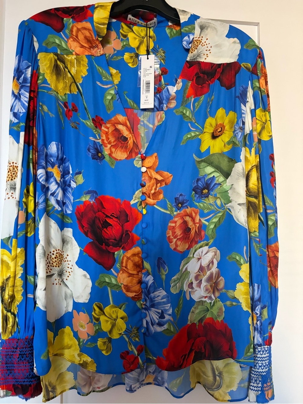 Alice + Olivia Bright Blue Floral V-Neck Button Blouse - Picture 8 of 11